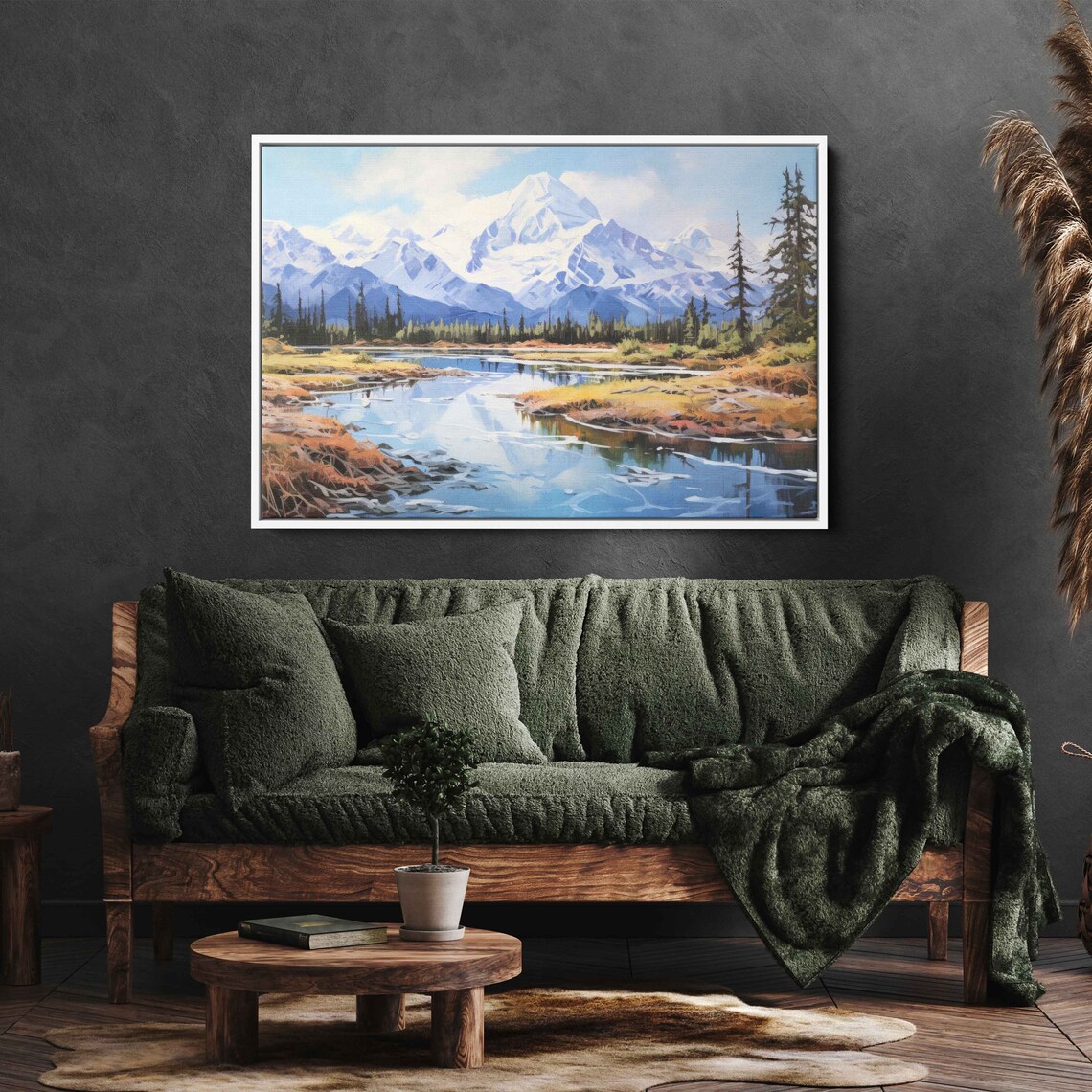 Snowcapped Mountain Range Golden Autumn River Valley Painting Wall Poster - Image 3