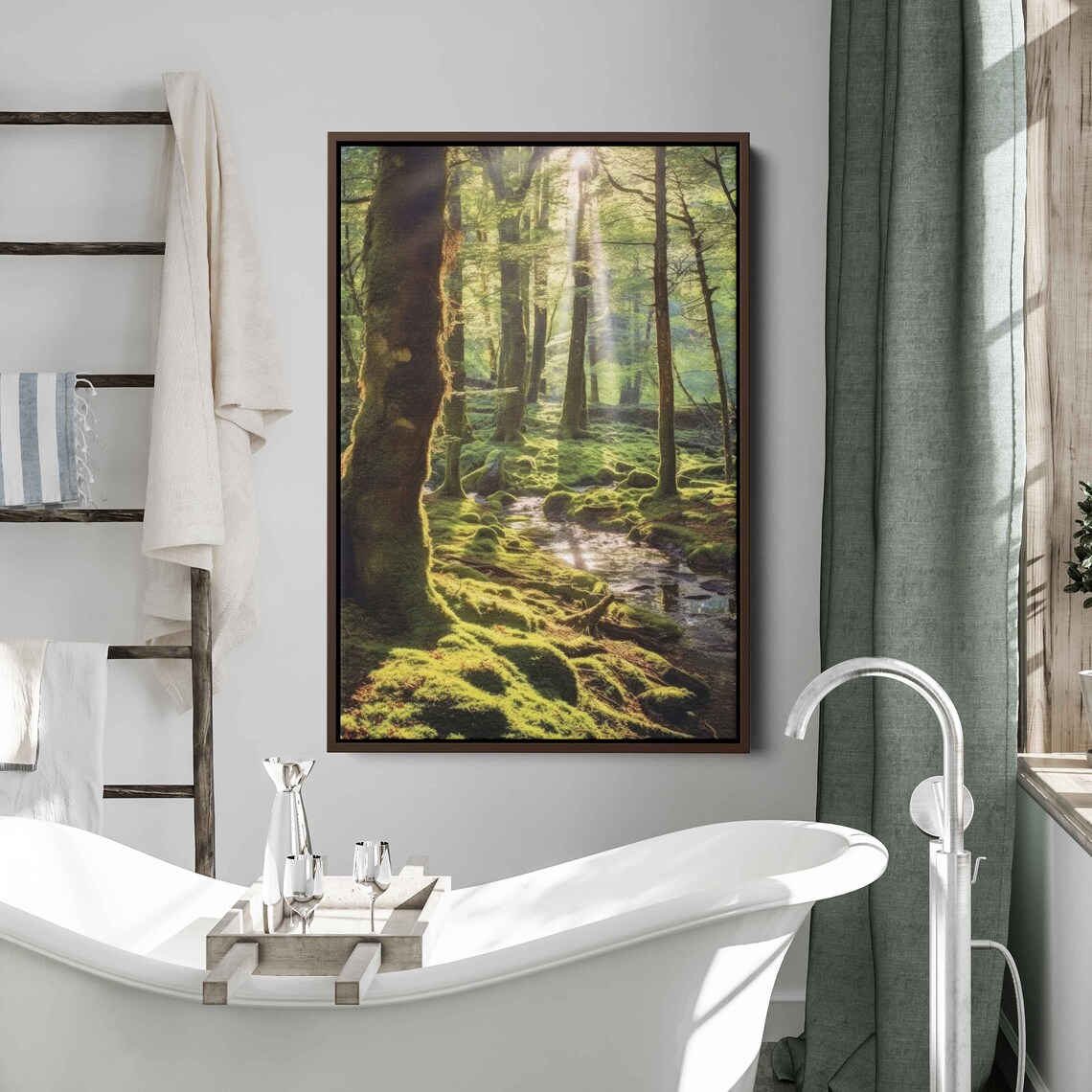 Sunlight Filtering Through Tranquil Forest Wall Art Print Peaceful Nature Wooded Flowing Stream Ready To Hang