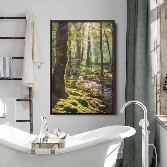 Sunlight Filtering Through Tranquil Forest Wall Art Print Peaceful Nature Wooded Flowing Stream Ready To Hang