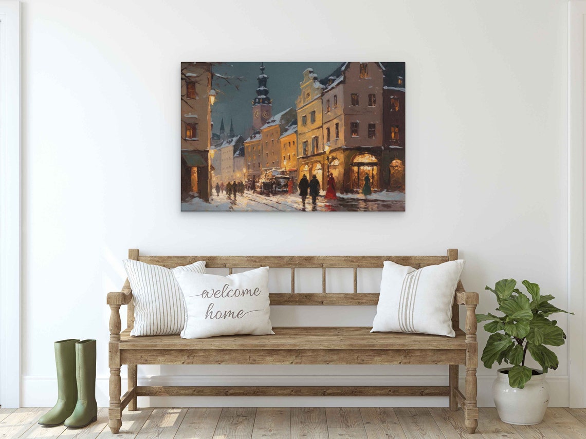 Bavaria Germany Snowy Downtown Shops At Night With Clock Tower Poster - Image 2