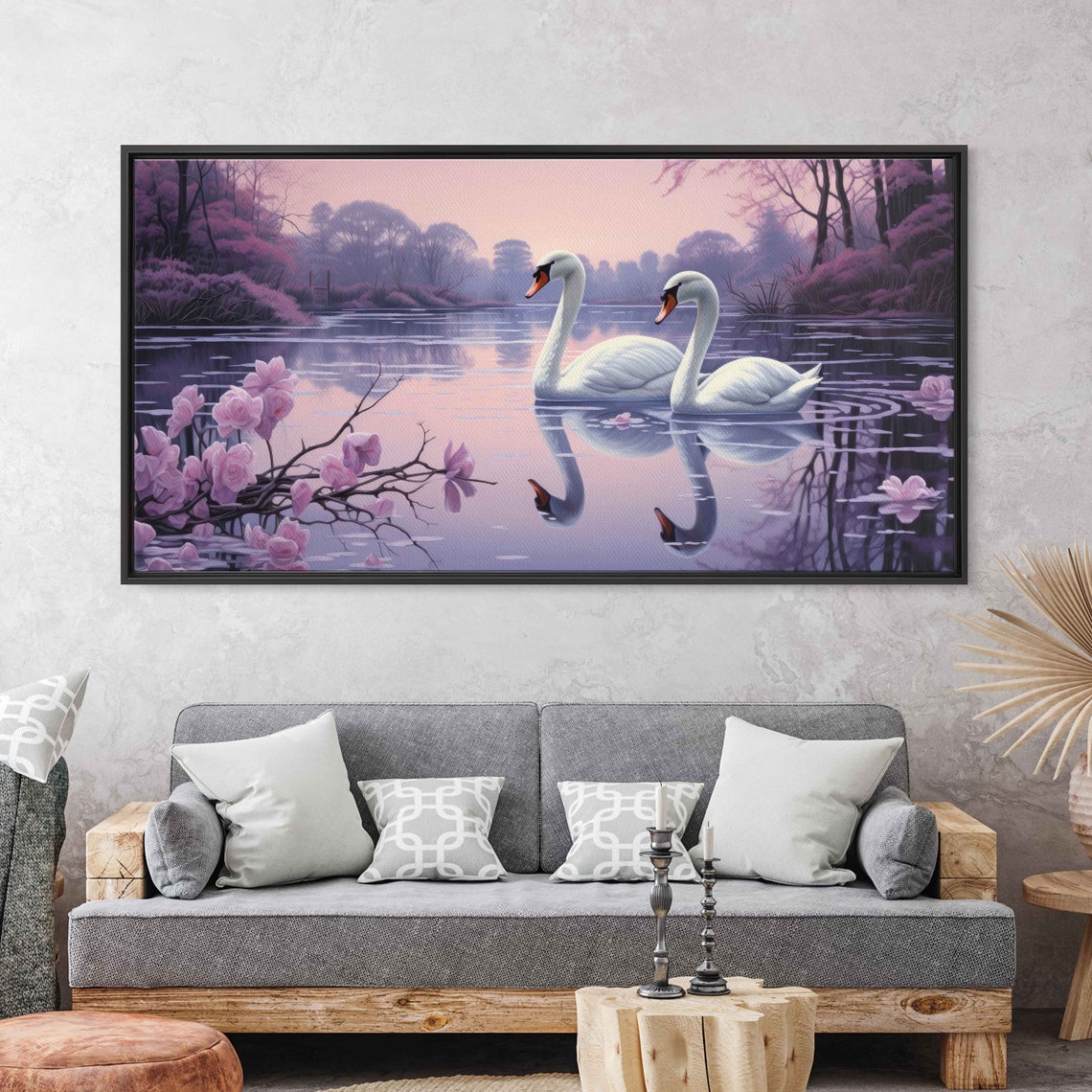 Two White Swans Pink Blossom Pond Purple Mist Romantic Art Poster - Image 3