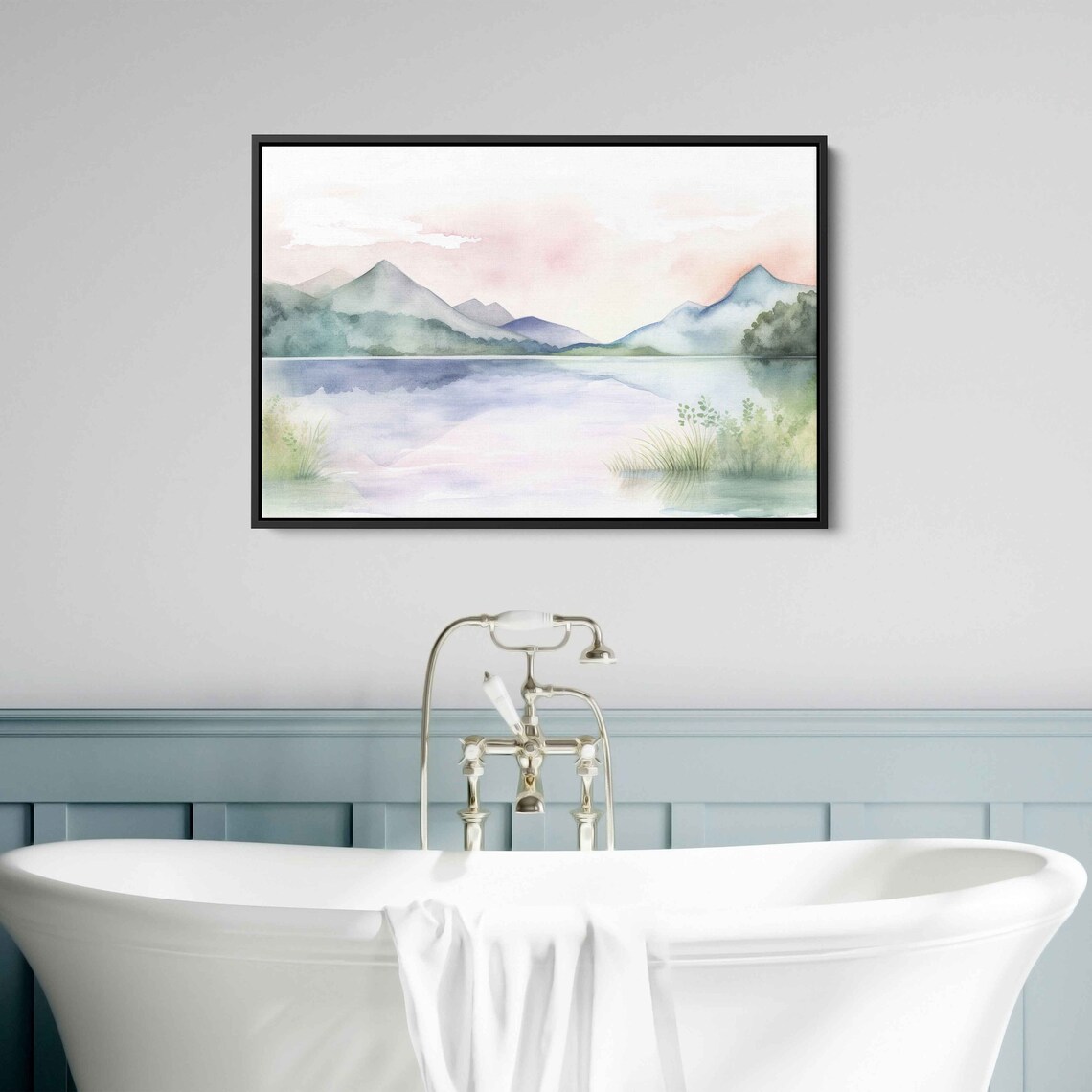 Beautiful Lake Watercolor Mountains In Background Light Neutral Colors Print On Guest Room Decor - Image 2