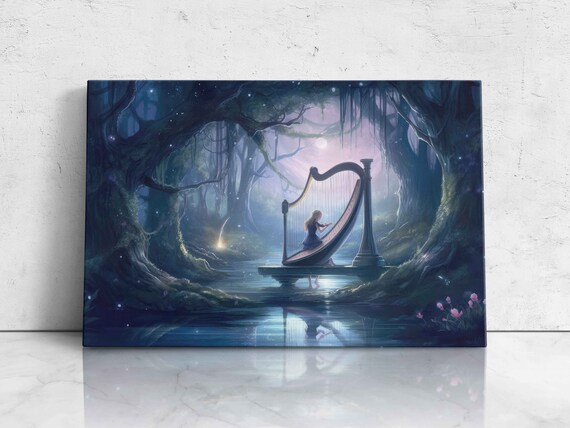 Fairy Playing Harp Moonlit Forest Mystical Water Fantasy Art Poster