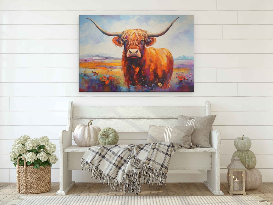 Colorful Highland Cow Palette Knife Poppies Modern Farm Art Poster - Image 2