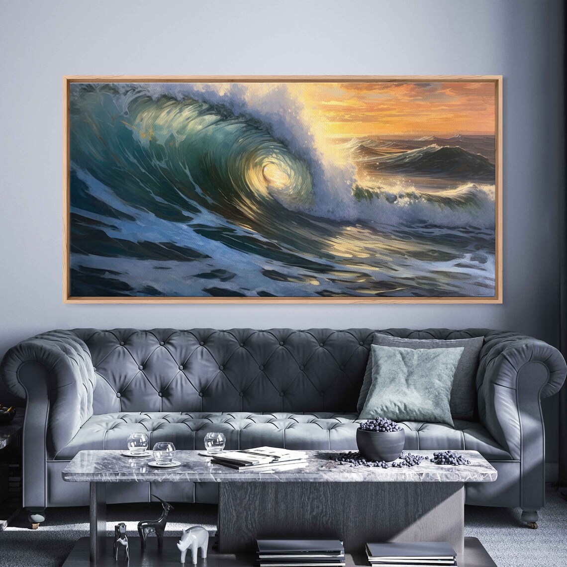 Powerful Ocean Wave Barrel Sunset Dramatic Seascape Surf Painting Poster - Image 2