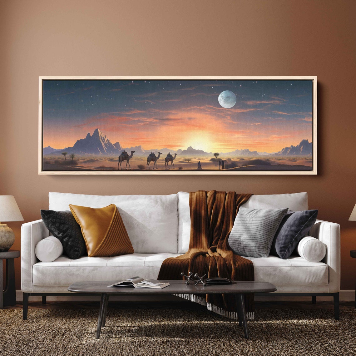 Desert Camels Sunset Caravan Moon Night Mountain Dunes Panoramic Print - Image 3
