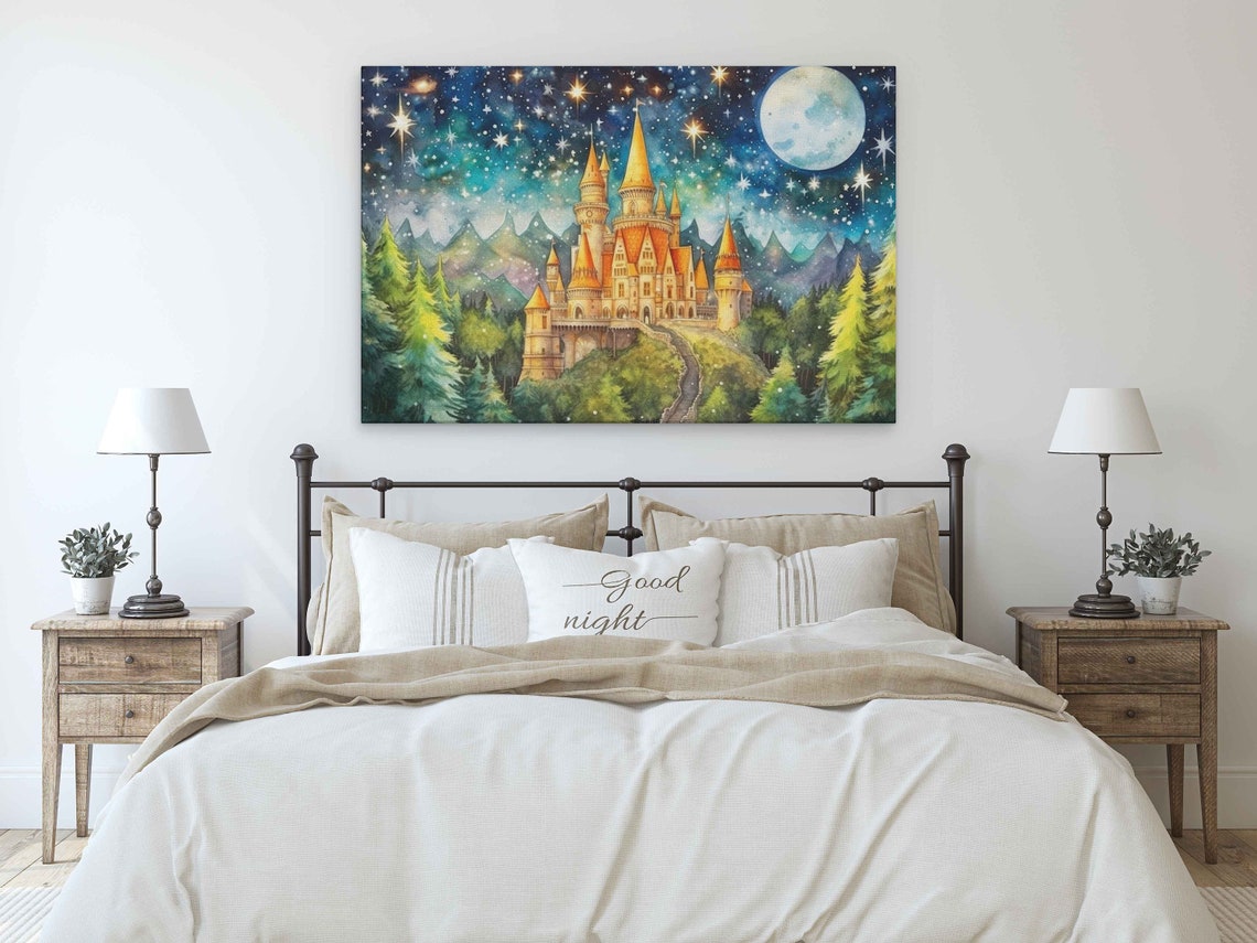 Golden Castle on Hill Full Moon Starry Night Pine Forest Wall Poster - Image 3