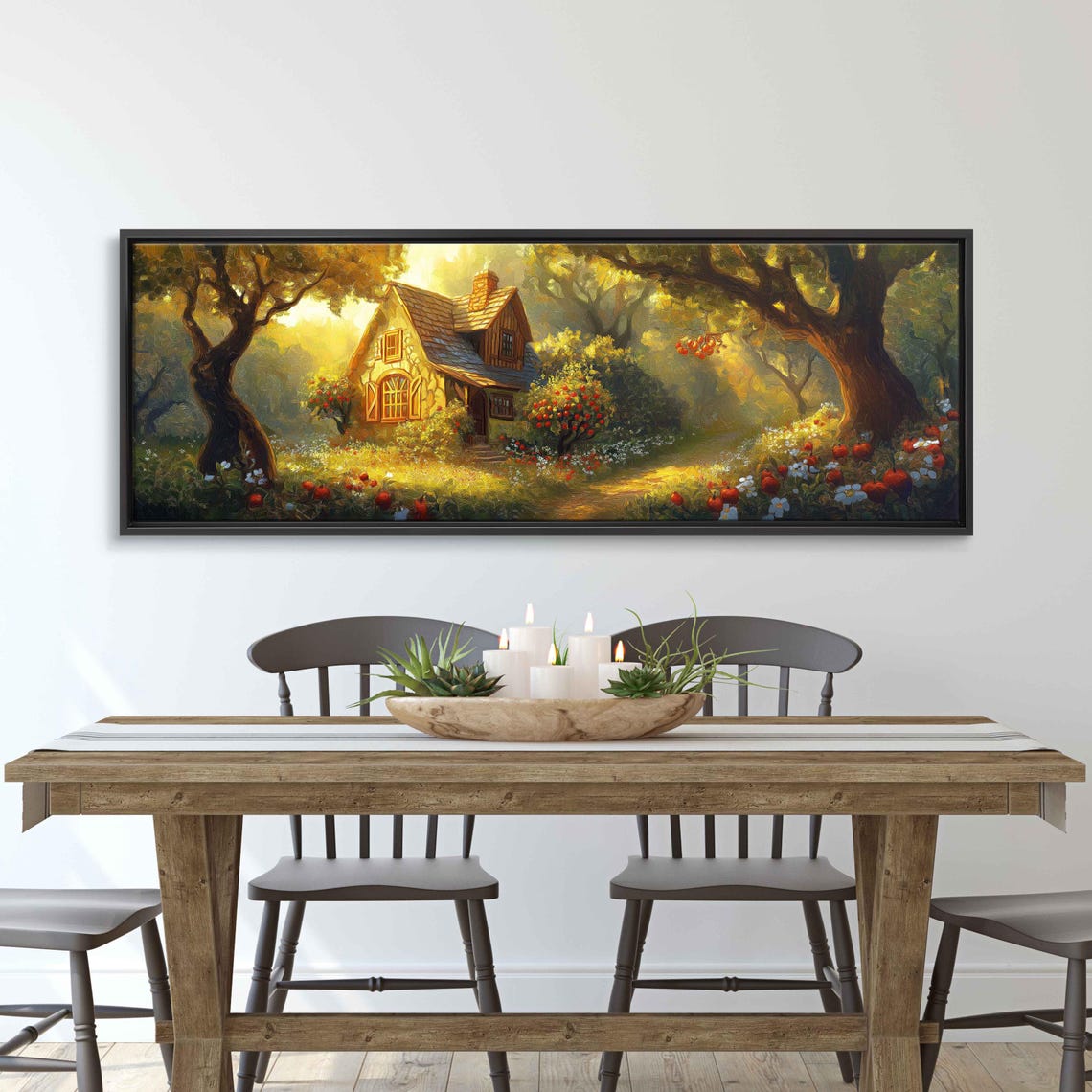 Fairy-Tale Thatched Cottage In A Sunlit Flower Garden Panoramic Poster