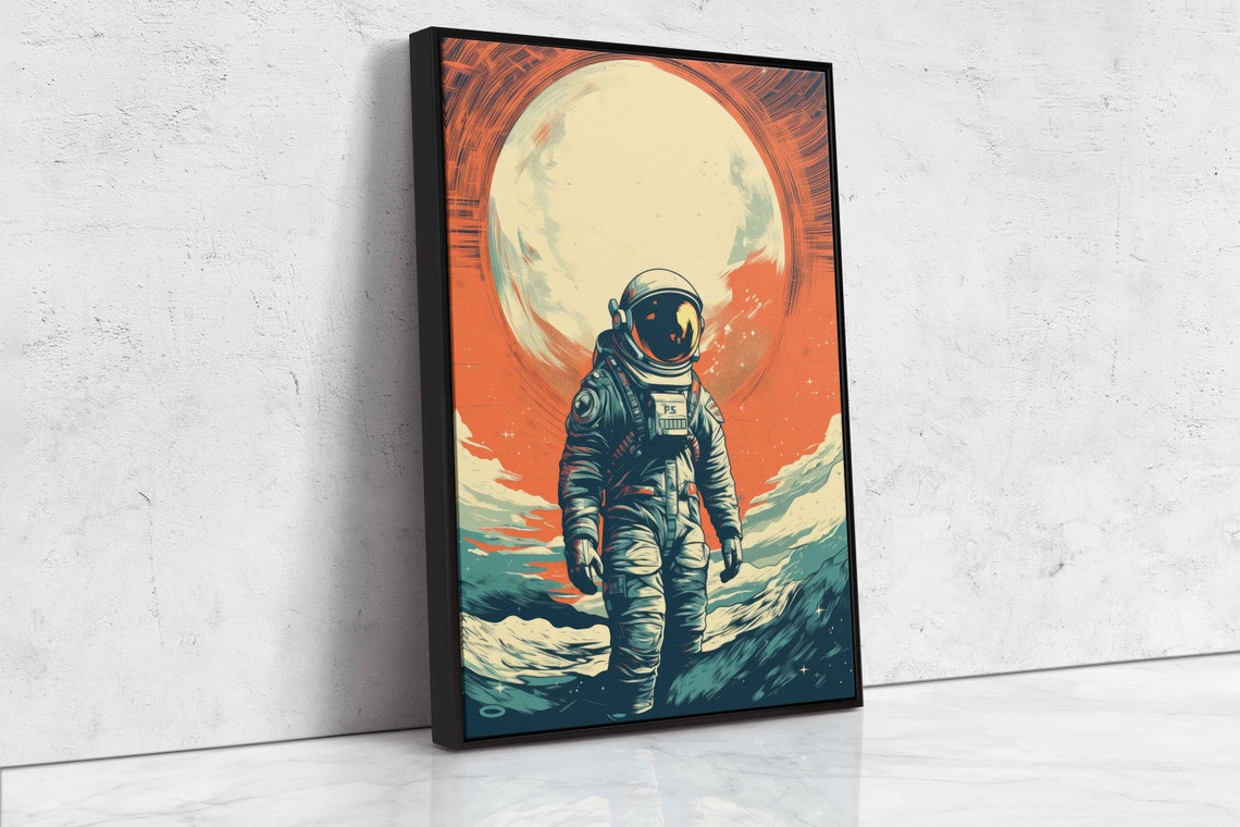 Retro Astronaut Moon Surface Giant Orange Sun Vintage Space Art Print - Image 4
