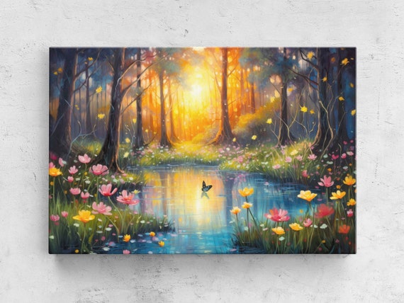 Watercolor Magical Forest With Butterfly Print On Ready To Hang Framed Option Housewarming Gift For Her