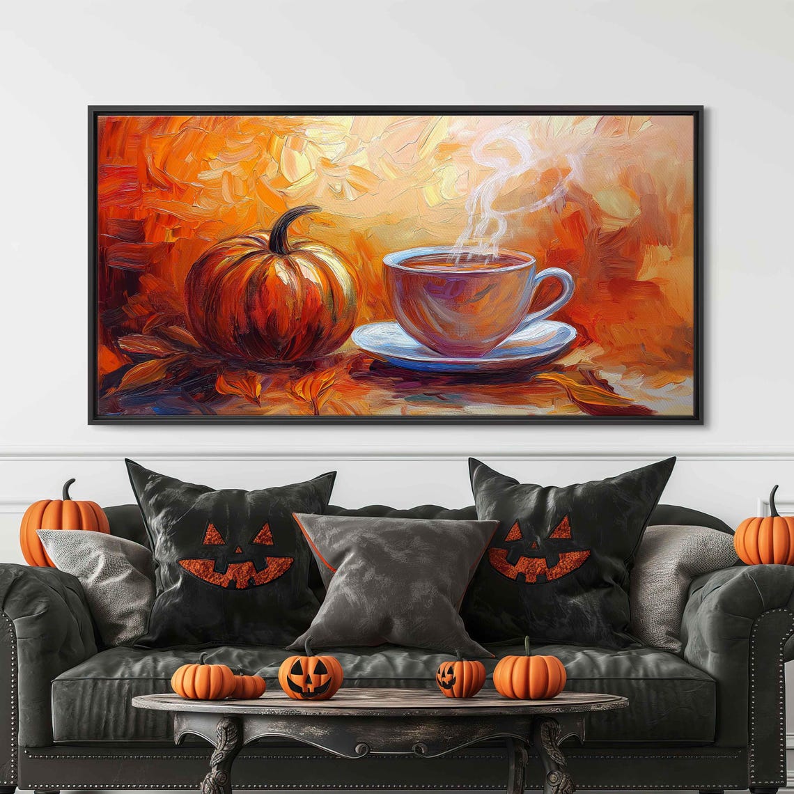 Steaming Teacup With Pumpkin On Fiery Orange Abstract Art Print - Image 3