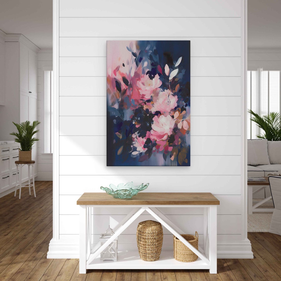 Abstract Pink Peonies On Dark Navy Background Expressive Floral Print - Image 2