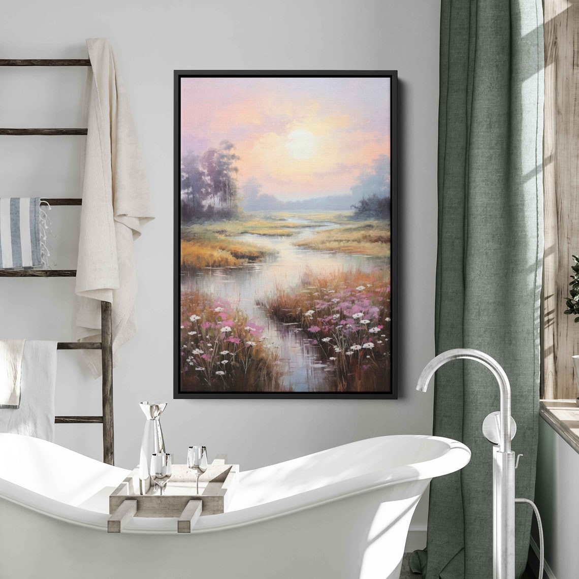Lush Summer Meadow Sunset Wildflowers Pastel Landscape Painting Print