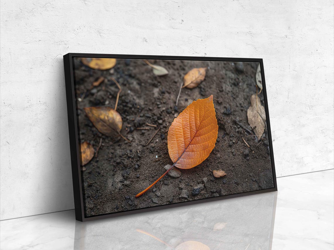 Single Orange Autumn Leaf On Dark Soil Macro Nature Photography Poster - Image 4