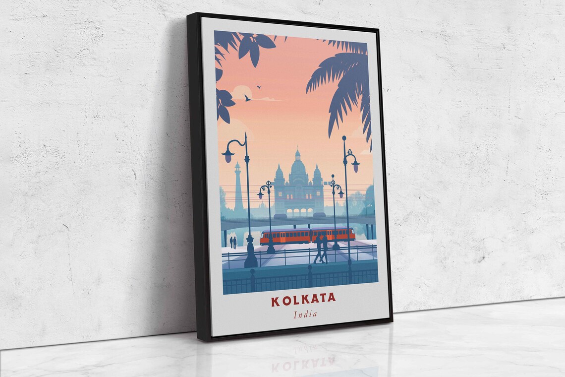 Kolkata India Victoria Memorial Tram Sunset Minimalist Travel Poster - Image 2