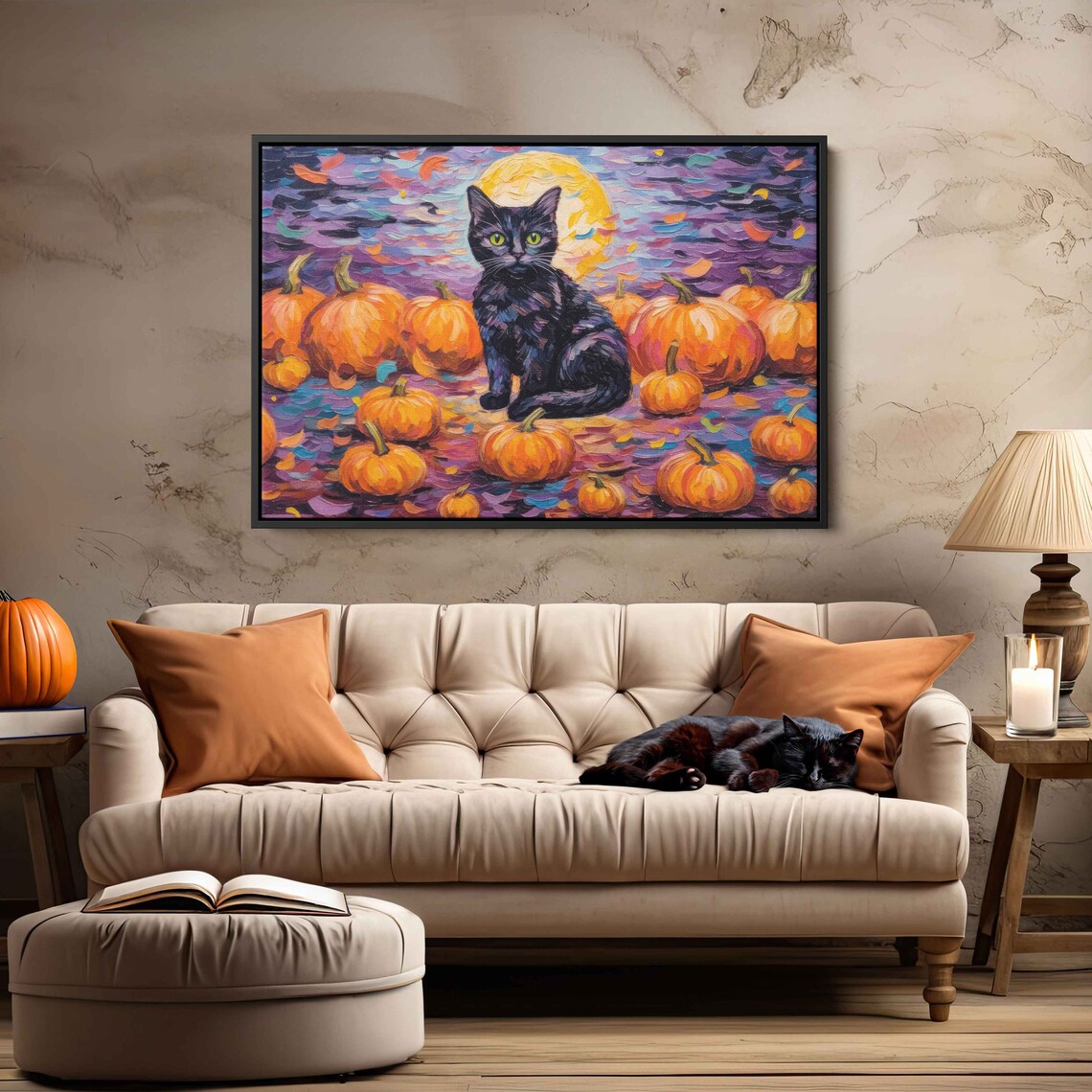 Black Cat Halloween Pumpkins Full Moon Starry Night Whimsical Painting Print