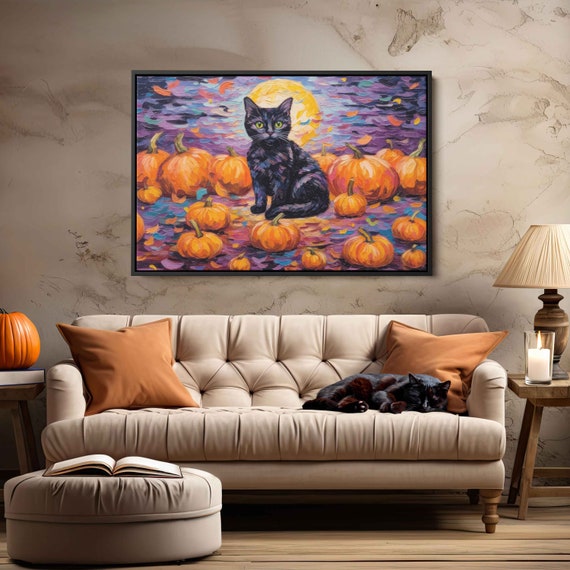 Black Cat Halloween Starry Night Painting Reproduction Print Ready To Hang Cute Cat Painting