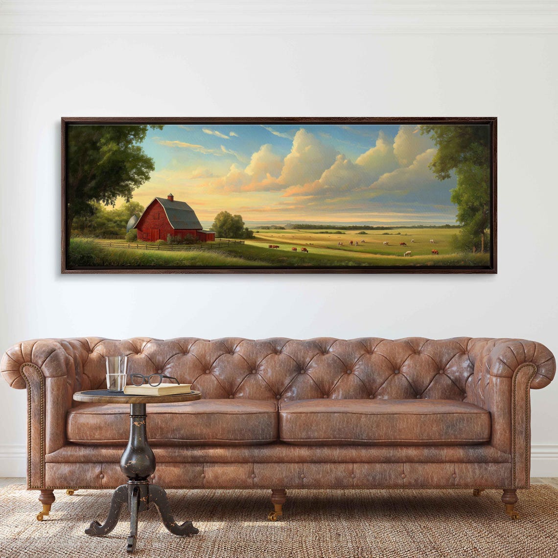 Charming Countryside Farm Scene Wall Art Print Red Barn Grazing Animals Lush Green Field - Image 3