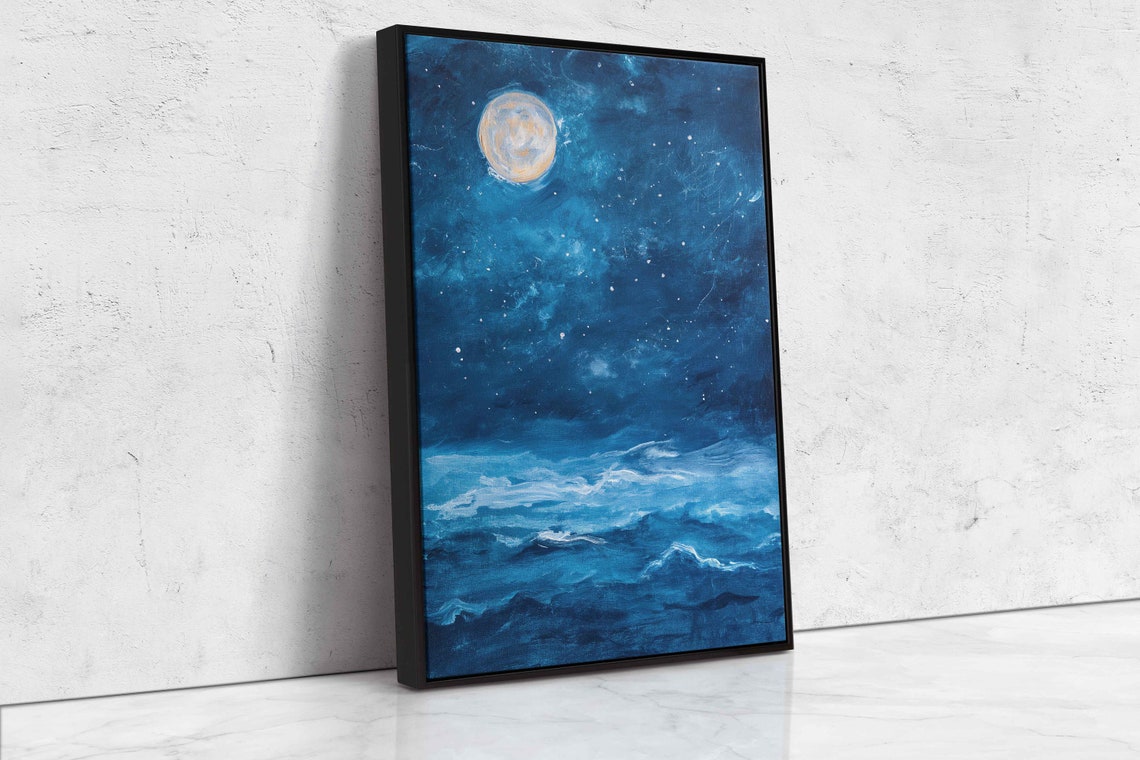 Full Moon Over Ocean Night Waves Starry Blue Seascape Art Poster - Image 4