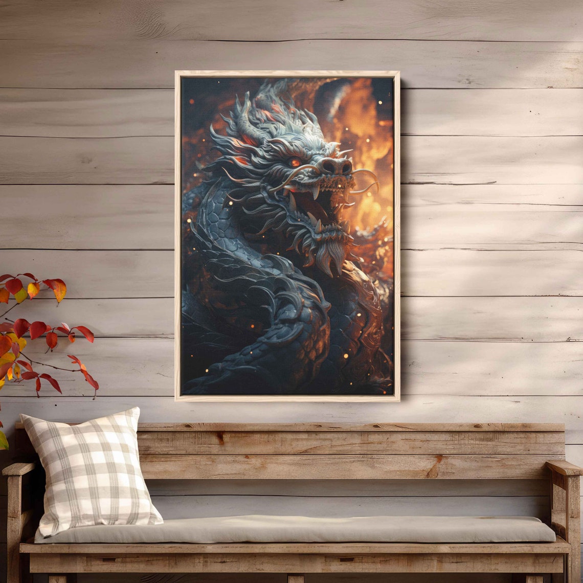 Fierce Chinese Dragon Fire Flames Dramatic Mythical Wall Art - Image 3