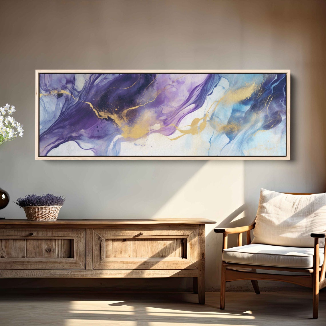 Deep Purple Blue Gold Panoramic Marble Swirl Abstract Art Poster - Image 2