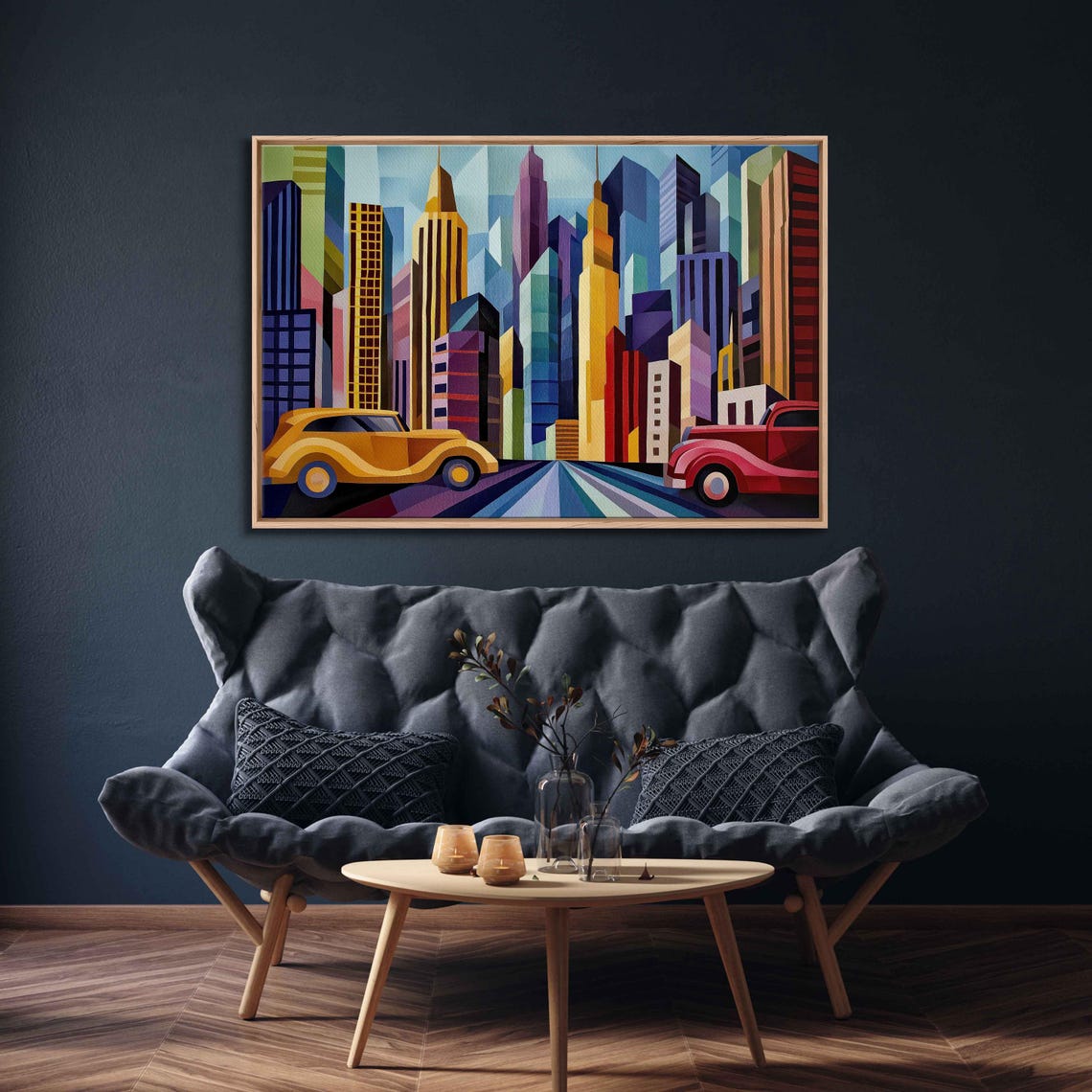 Art Deco Metropolis With Vintage Cars Geometric Cityscape Poster