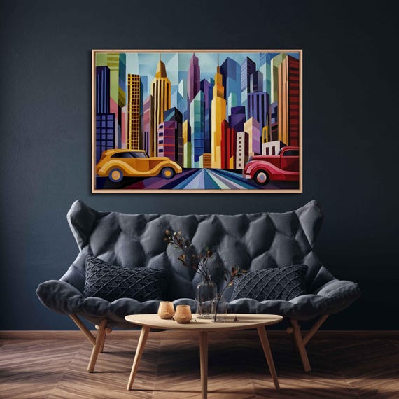 Art Deco Cityscape Wall Art Print Vibrant Colors 1920s Elegance Geometric Design