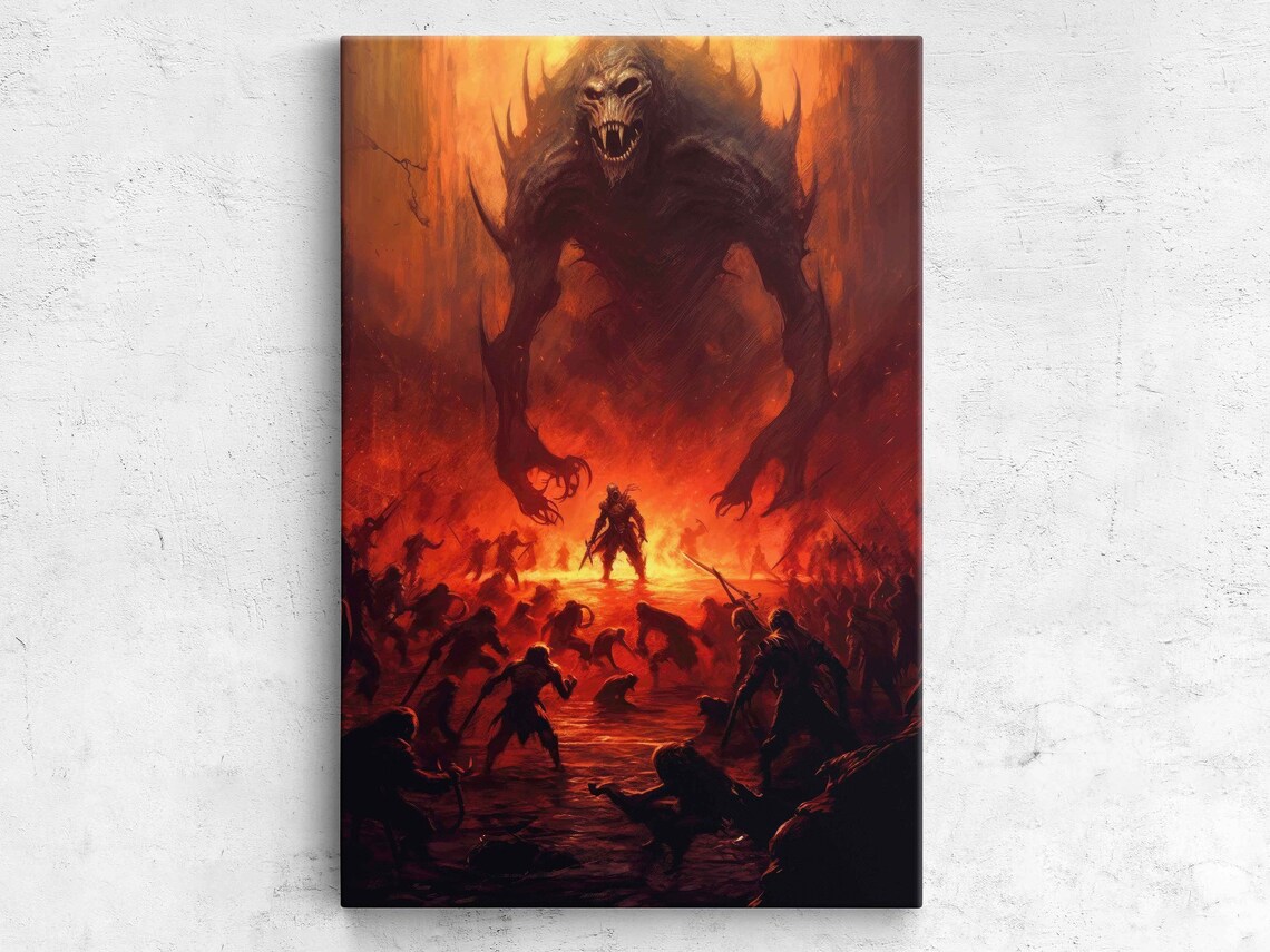 Demon Battle Fiery Inferno Fantasy Monster Army Fight Scene Poster