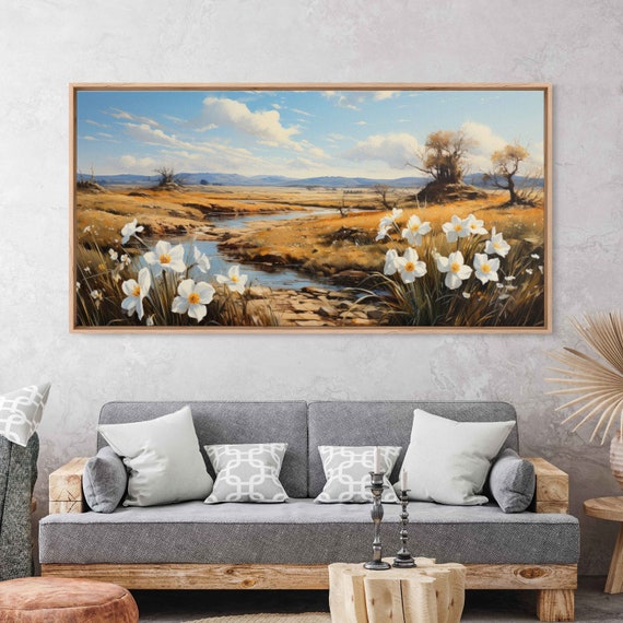 Daisies Overlooking Meadow Stream Wall Art Print Rural Landscape Gift For Nature Lover Ready To Hang