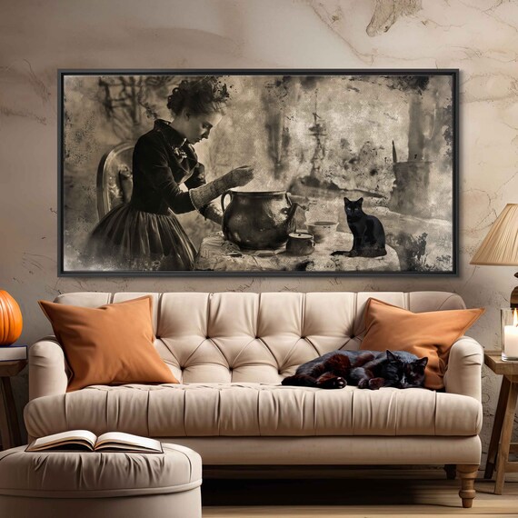 Vintage Witch Brewing Potion Cauldron Black Cat Sepia Photo Style Poster