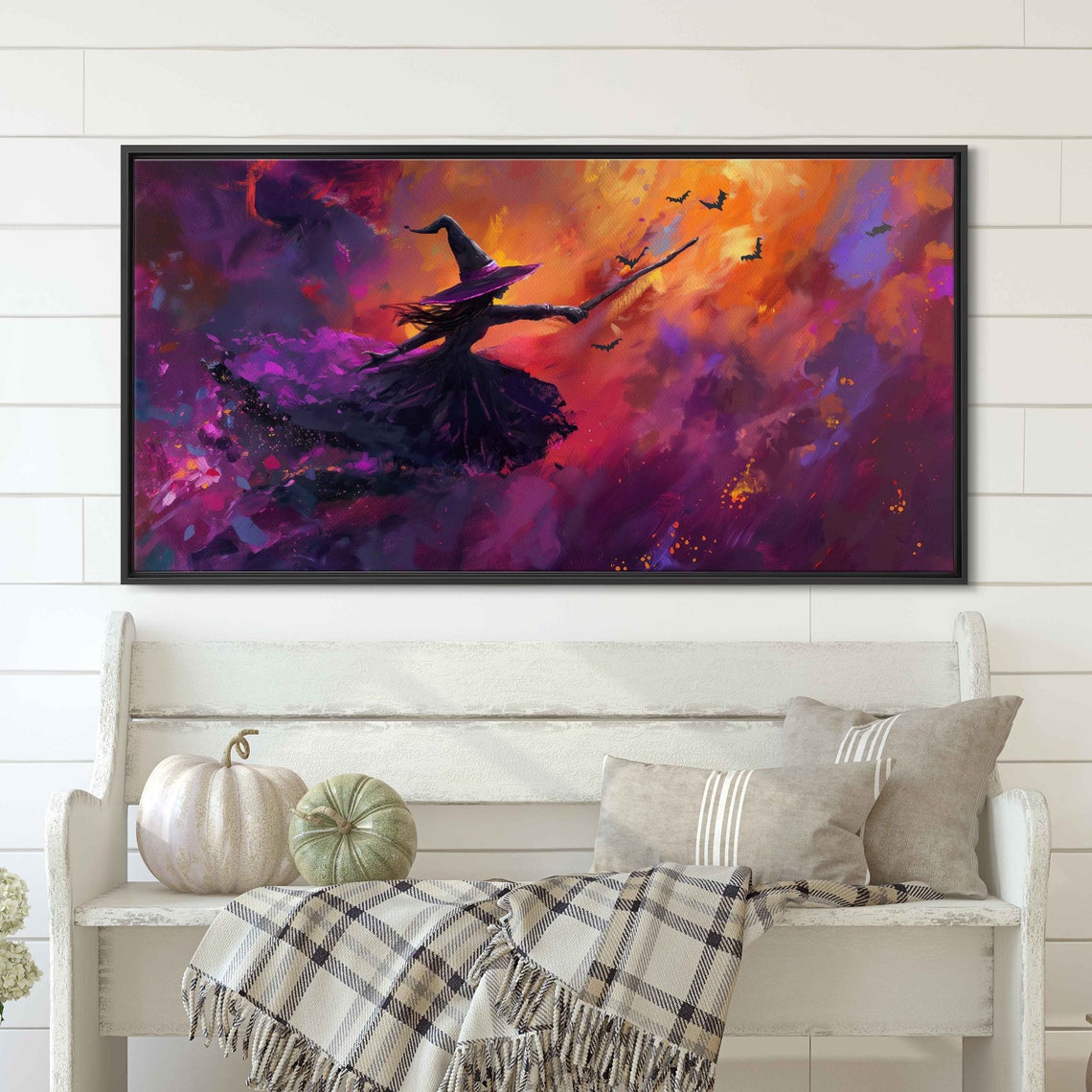 Witch Flying Broomstick Through Vibrant Night Sky Bats Halloween Print