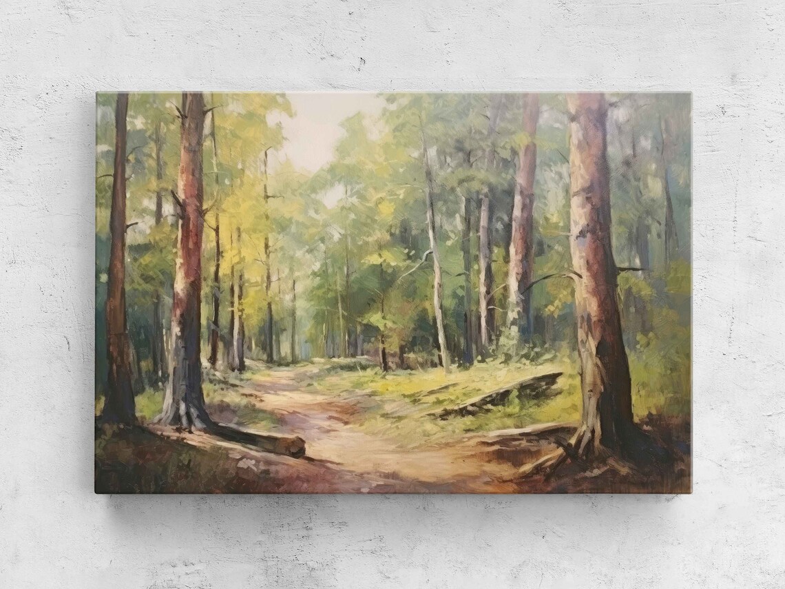Vintage Forest Painting Rustic Wall Art Reproduction Print On Ready To Hang