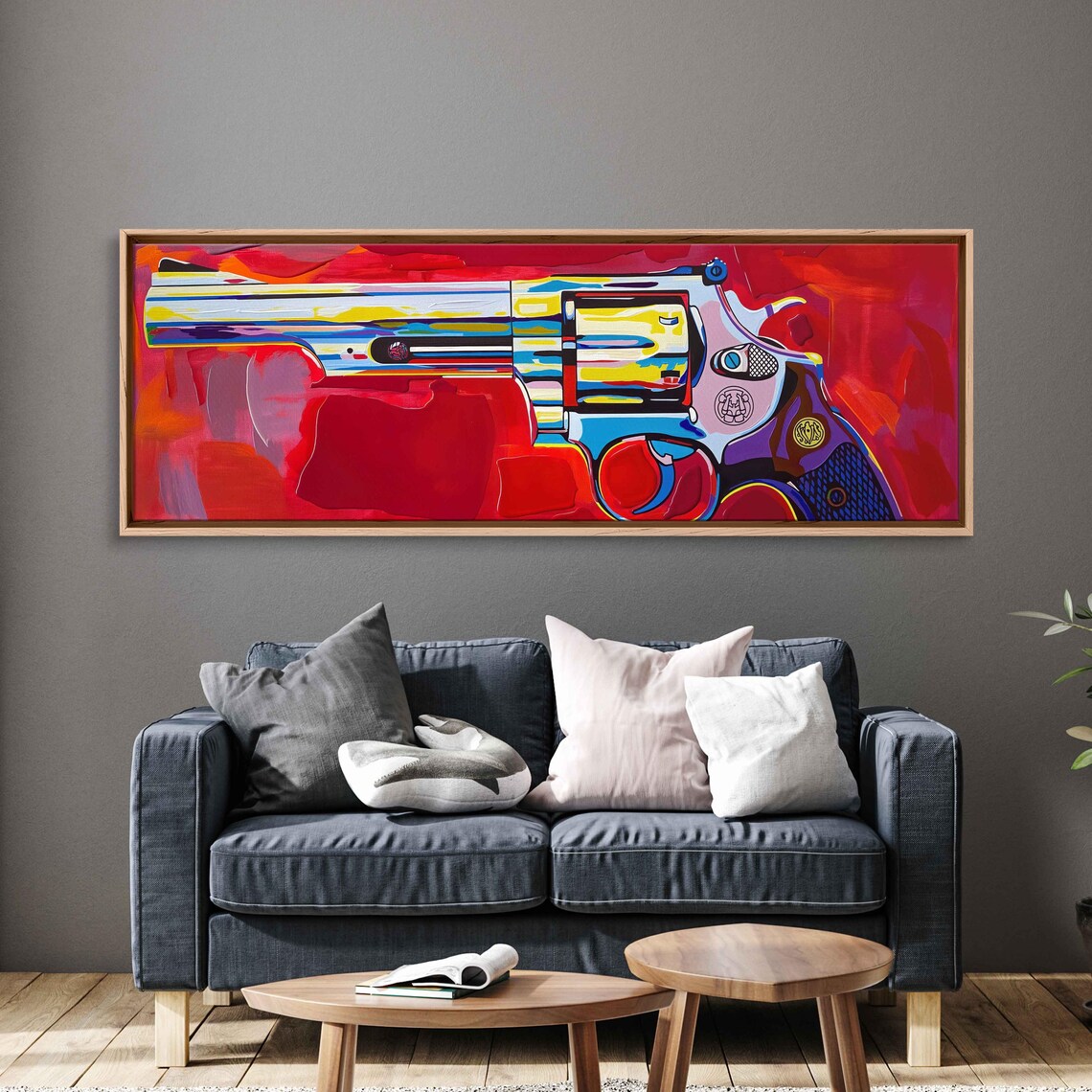 Colorful Pop Art Revolver On Fiery Red Background Gun Poster