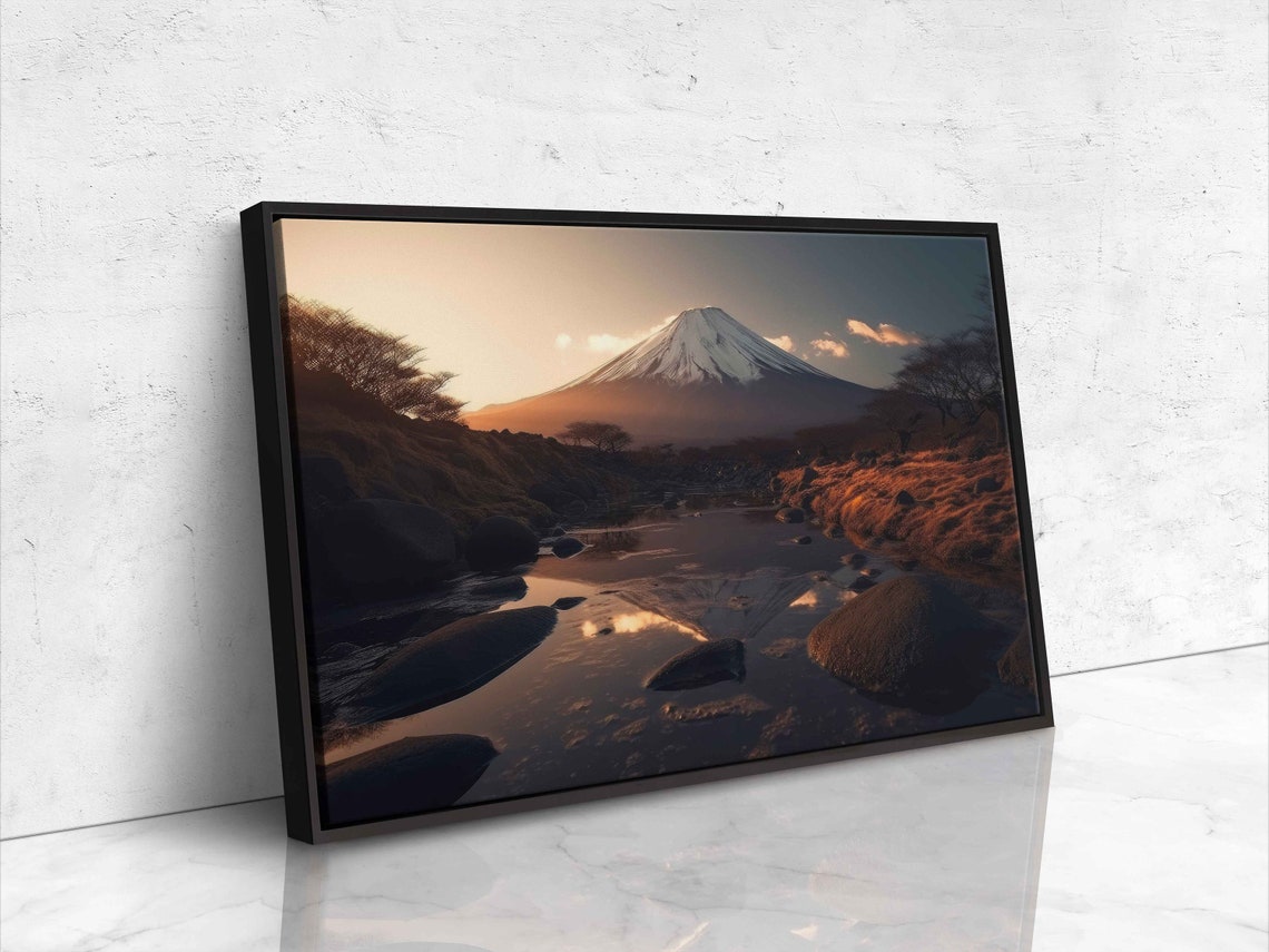 Mount Fuji Sunrise Golden Reflection Rocky River Japan Nature Poster - Image 4