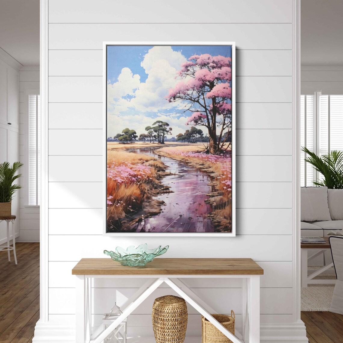 Pink Trees River Valley Landscape Painting Impressionist Art Cloudy Skies Framed Print Ready To Hang - Image 2