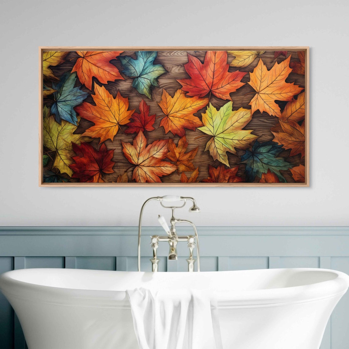 Vibrant Autumn Maple Leaves Wood Background Fall Colors Painting Print - Image 2