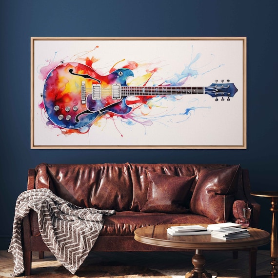 Colorful Electric Guitar Watercolor Splash Musician Gift Wall Art