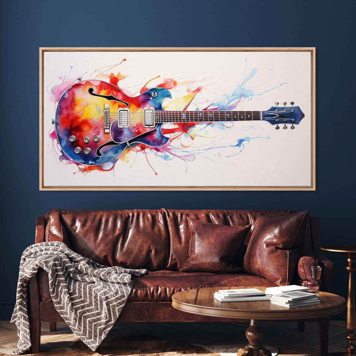 Colorful Electric Guitar Watercolor Splash Musician Gift Wall Art