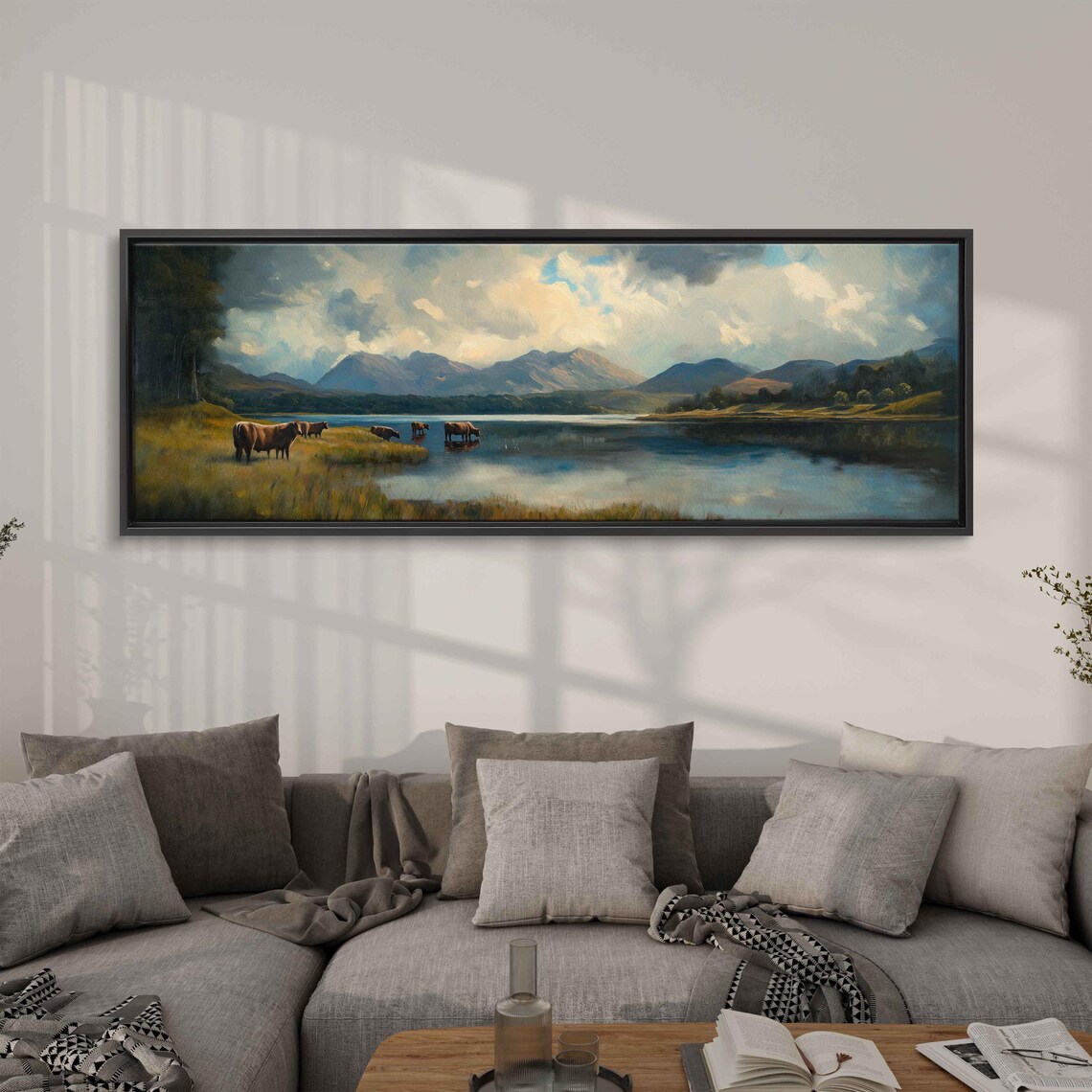 Highland Cows Grazing By Loch, Oil Texture Landscape