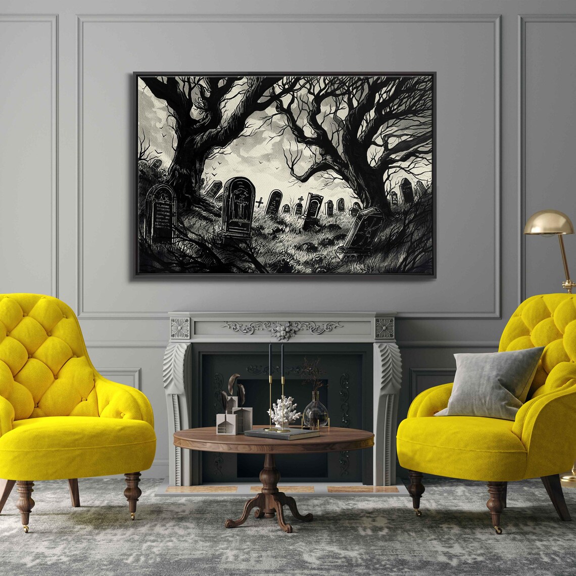 Gothic Graveyard Twisted Trees Foggy Night Ink Art Halloween Wall Poster