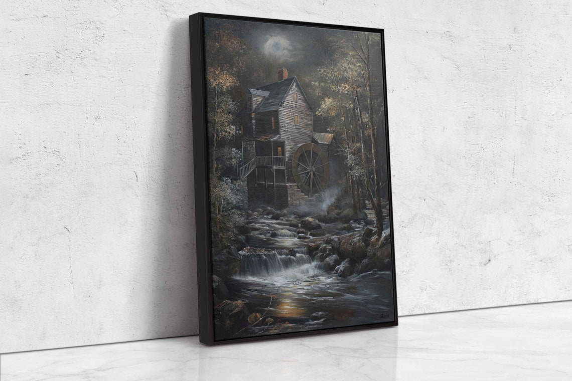 Spooky Old Mill With Waterwheel Flowing Stream Night Landscape Poster - Image 4