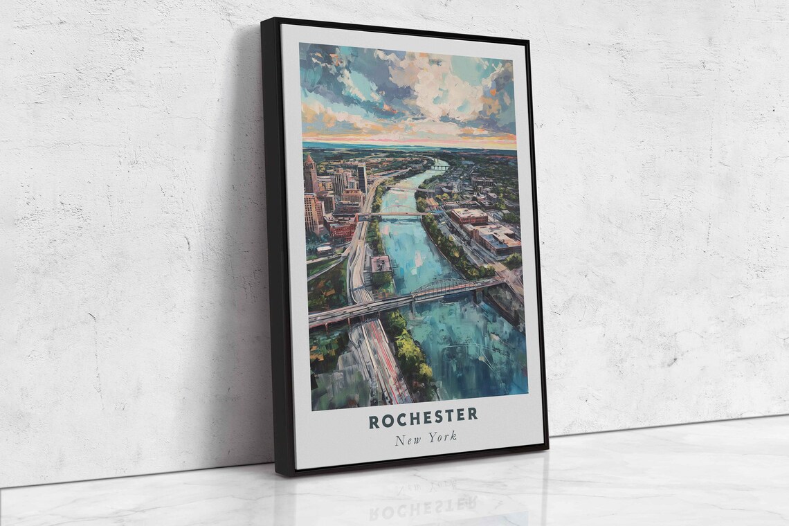 Rochester New York River Bridges Sunset Aerial Travel Poster - Image 2