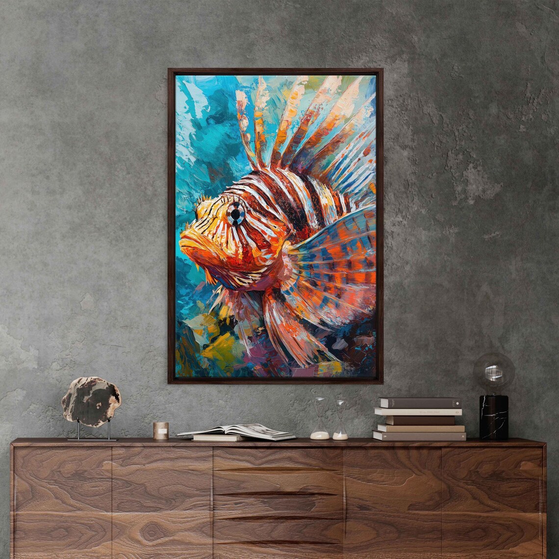 Lionfish Closeup Fiery Striped Fins Turquoise Reef Acrylic Wall Art