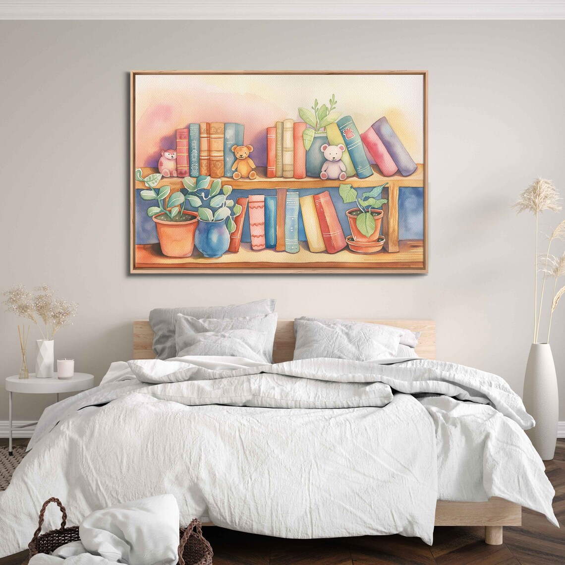 Watercolor Bookshelf With Teddy Bears and Plants Pastel Nursery Wall Poster - Image 3