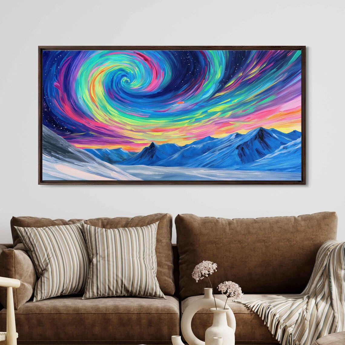 Swirling Colorful Aurora Borealis Night Sky Over Snowy Mountains Poster - Image 3