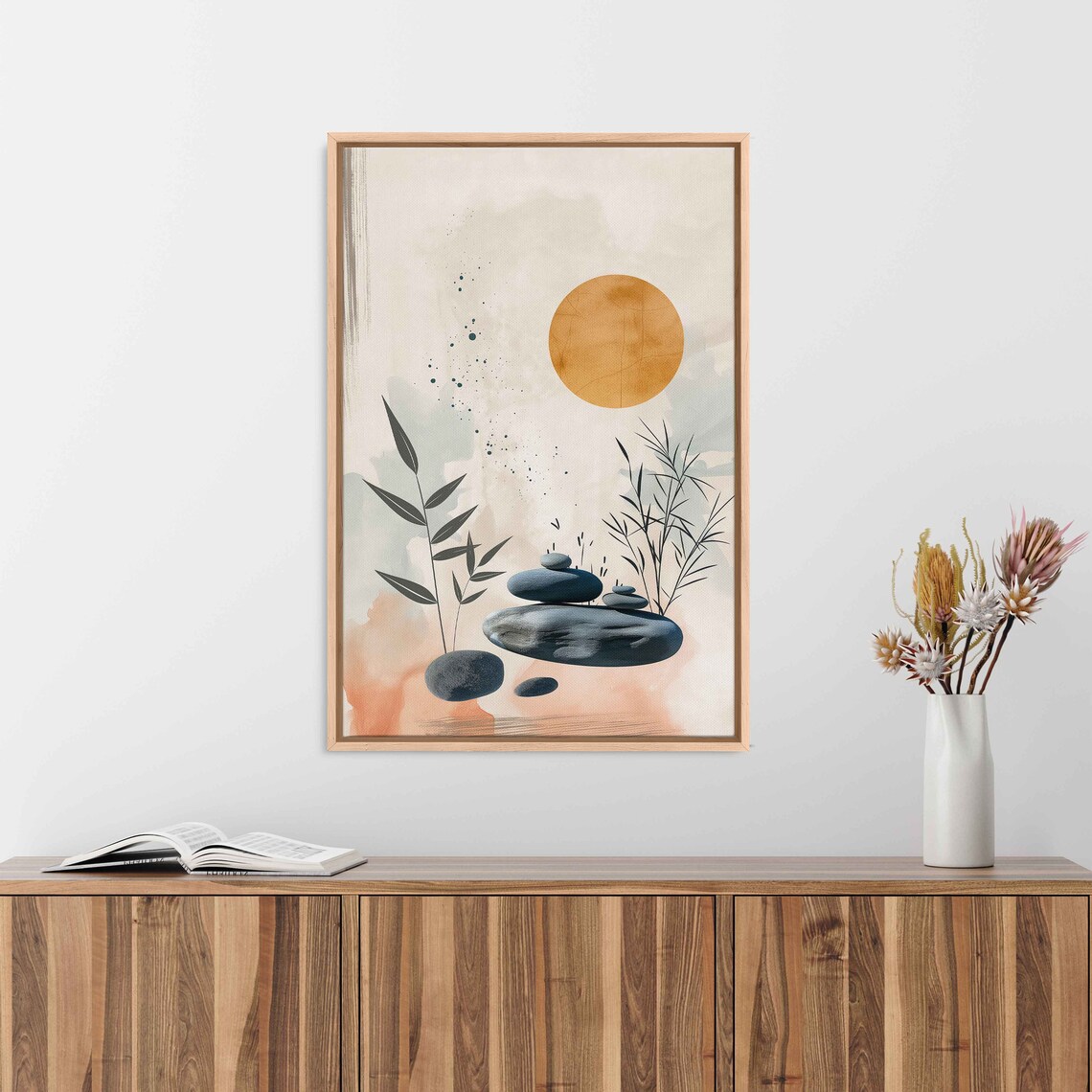 Zen Cairn Balancing Stones Golden Sun Watercolor Botanical Calm Wall Art