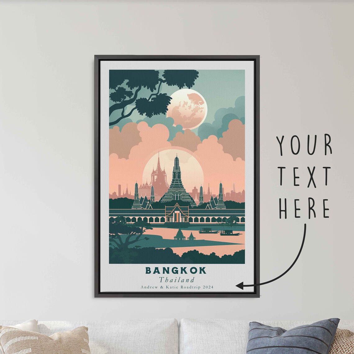 Bangkok Thailand Temple Spires Moonlit River Retro Travel Poster - Image 3