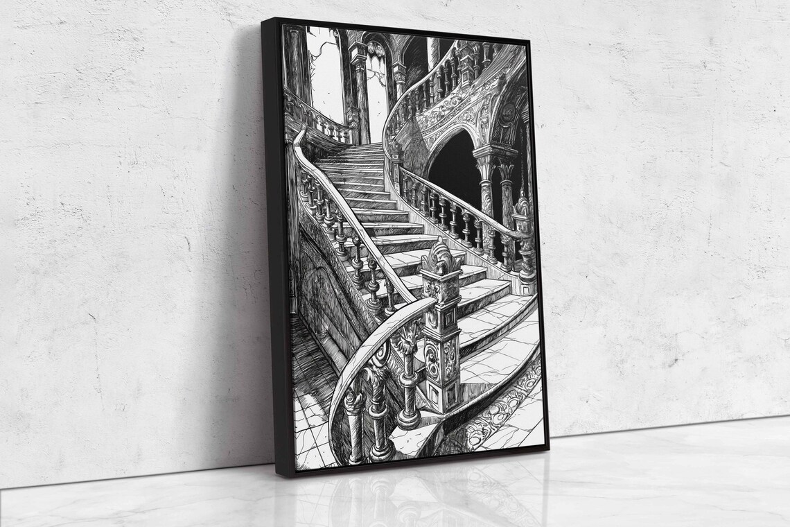 Grand Gothic Spiral Staircase Carved Balustrade Ink Art Halloween Poster - Image 4