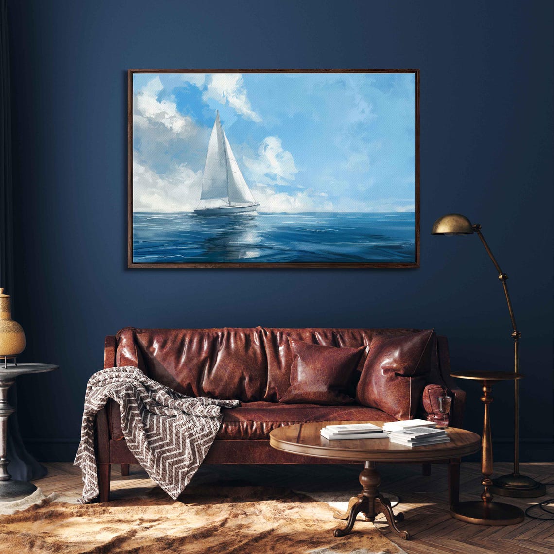 Sailboat With White Sails On Deep Blue Ocean Under Bright Sky Poster