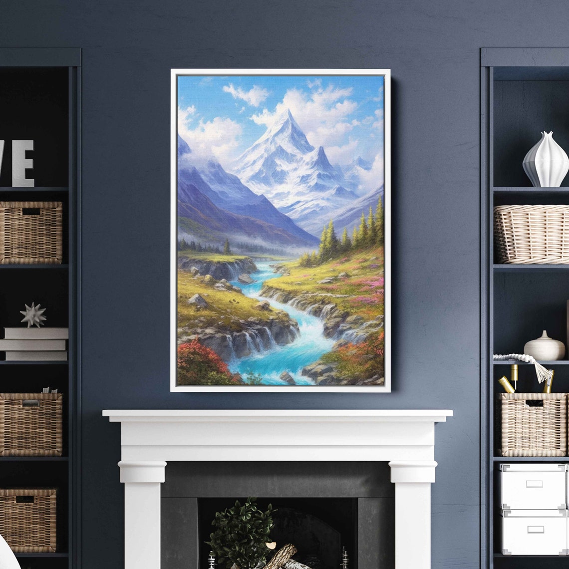 Majestic Snowy Mountain Turquoise River Valley Landscape Art Poster - Image 2